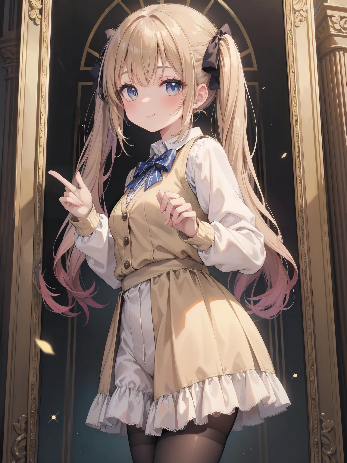 A lavish, photorealistic illustration of Soro, a charming 19th-century maiden, exudes elegance in a masterfully crafted scene. Framed by a ornate, gilded archway, she stands poised, her twintails adorned with sparkling bows, her cardigan vest and short-sleeved shirt perfectly complementing her plaid skirt. Over black legwear, her loafers add a touch of whimsy. A radiant smile spreads across her face, her eyes sparkling like diamonds in the soft, golden light. Every detail, from the intricate lace trim to the delicate folds of her garments, is meticulously rendered by a master illustrator's hand