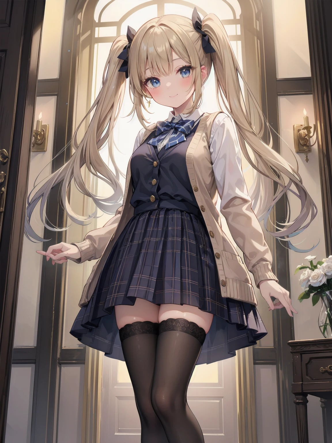 A lavish, photorealistic illustration of Soro, a charming 19th-century maiden, exudes elegance in a masterfully crafted scene. Framed by a ornate, gilded archway, she stands poised, her twintails adorned with sparkling bows, her cardigan vest and short-sleeved shirt perfectly complementing her plaid skirt. Over black legwear, her loafers add a touch of whimsy. A radiant smile spreads across her face, her eyes sparkling like diamonds in the soft, golden light. Every detail, from the intricate lace trim to the delicate folds of her garments, is meticulously rendered by a master illustrator's hand