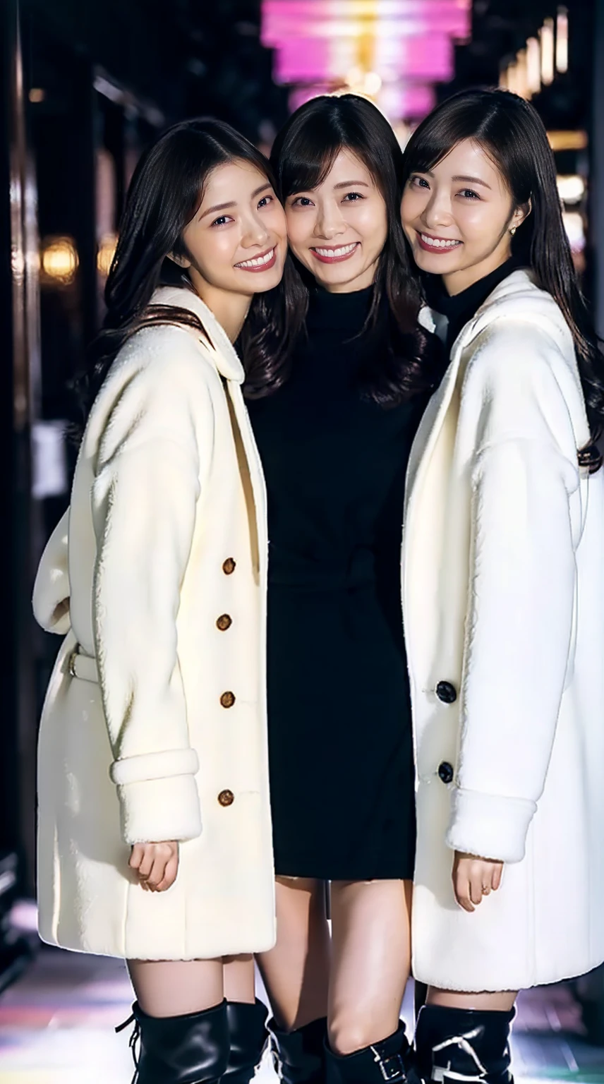 8K, RAW Photos, Full body photo, Realistic: 1.25), (Lip gloss, eyelash, Glossy face, Glowing Skin, Super beautiful sexy Japanese women, 20-year-old, Highest quality, Ultra-high resolution, Depth of written boundary, chromatic aberration, Caustics, Moisturized lips, Ultra Cropped Face, Shining Detail Eyes, Half-up dark brown hair, Snazzy, Same height, White long coat, Thick long coat, Feather long coat, Black knit dress, Black mini skirt, Black long boots, Three girls standing and hugging each other, Big Breasts, Sheer