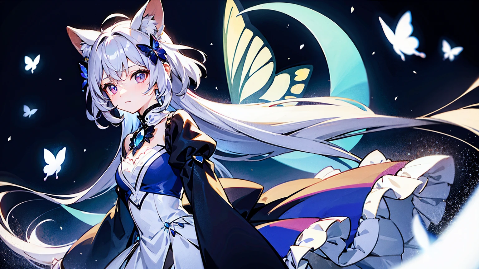 The image depicts a character in an anime or manga style. The character is a young girl with long, silver hair that has black tips. She has a single, expressive eye with reddish-brown pupils. Her attire consists of a dark dress adorned with light-colored bows and frills, including a butterfly-shaped bow near her collar. The background is abstract, featuring shades of blue and white, resembling a dreamlike sky. There are geometric shapes resembling crystals or gems, as well as petals, crescent moons, and butterflies floating around the character. The overall atmosphere of the image is one of gentle fantasy and wonder.