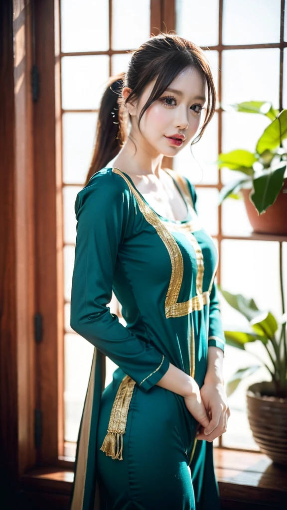 (((HD photo))), ultra high res.photorealistic:. 1.4, UHD1 girl,beautiful detailed eyes,beautiful detailed lips,extremely detailed face,long eyelashes,medium:oil painting,soft lighting,impressionistic style, gradient colors,beautifully shalwar kameez dressed,wistful expression,standing with one hand on the window frame,gentle breeze blowing her hair,warm sunlight streaming through the window,green plants visible outside the window,soft curtains framing the girl,peaceful atmosphere,serene and tranquil ambiance, ponytail hair