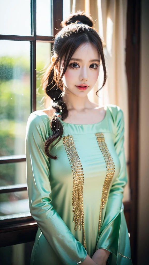 (((HD photo))), ultra high res.photorealistic:. 1.4, UHD1 girl,beautiful detailed eyes,beautiful detailed lips,extremely detailed face,long eyelashes,medium:oil painting,soft lighting,impressionistic style, gradient colors,beautifully shalwar kameez dressed,wistful expression,standing with one hand on the window frame,gentle breeze blowing her hair,warm sunlight streaming through the window,green plants visible outside the window,soft curtains framing the girl,peaceful atmosphere,serene and tranquil ambiance, ponytail hair