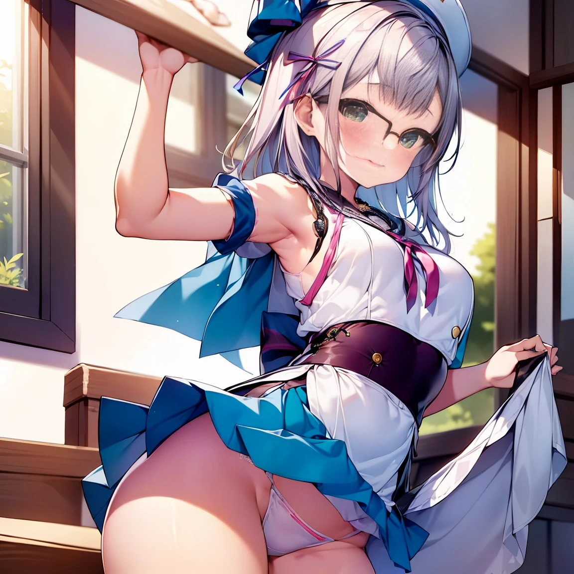 8K、masterpiece、Japanese、Woman wearing glasses、Neon(nod)、from the front、smile、Childish、Small breasts、See-through underwear、night、Bedroom、Show your underwear、mini skirt