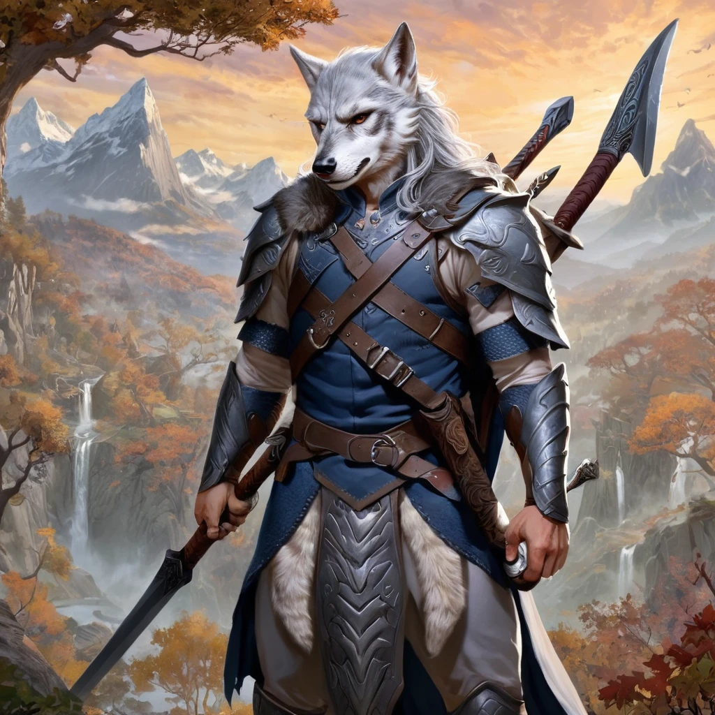 a male elf sorceror warrior, gray hair, axe on back, large sword in hands, wolf mask in hand, pointy ears, armor, clothing, advanced dungeons and dragons, spectacular landscape background, highly detailed, 4k, 8k, (best quality,4k,8k,highres,masterpiece:1.2),ultra-detailed,(realistic,photorealistic,photo-realistic:1.37),HDR,UHD,studio lighting,ultra-fine painting,sharp focus,physically-based rendering,extreme detail description,professional,vivid colors,bokeh,