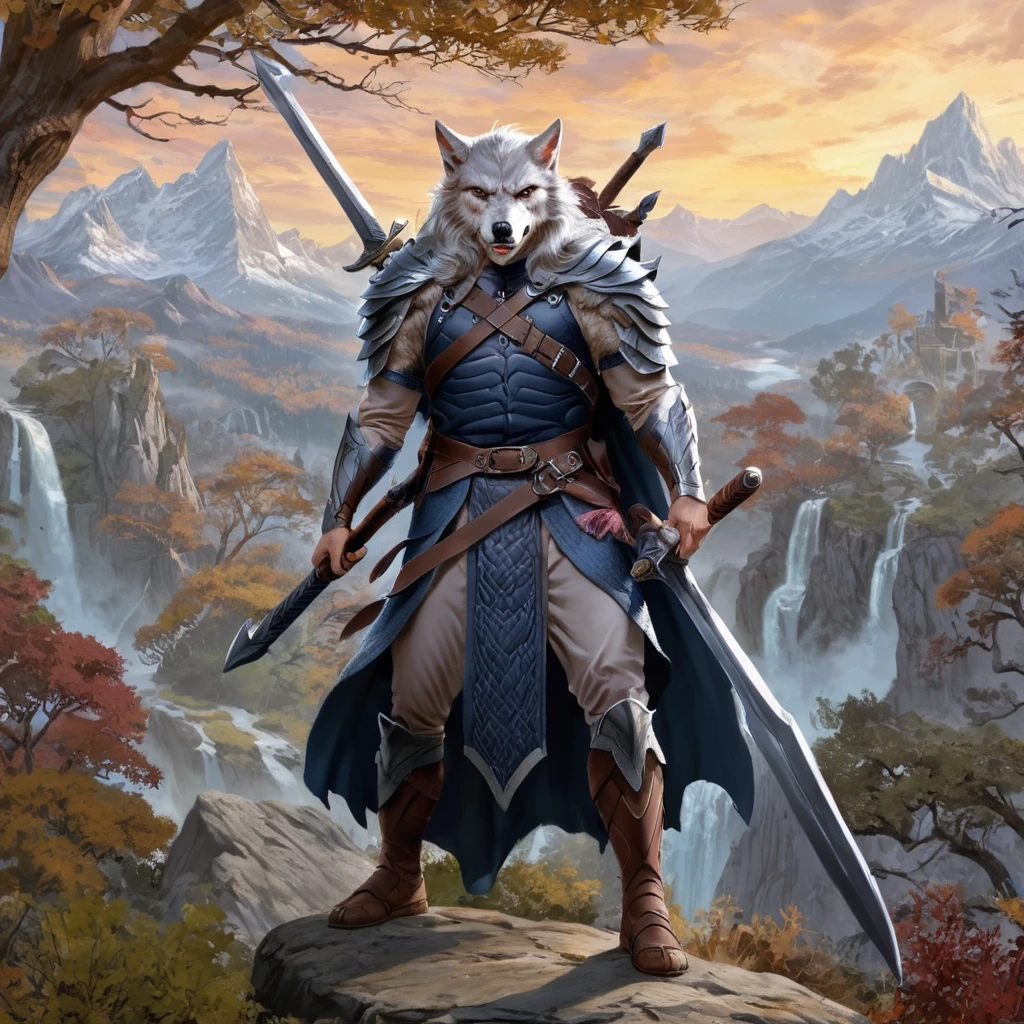 a male elf sorceror warrior, gray hair, axe on back, large sword in hands, wolf mask in hand, pointy ears, armor, clothing, advanced dungeons and dragons, spectacular landscape background, highly detailed, 4k, 8k, (best quality,4k,8k,highres,masterpiece:1.2),ultra-detailed,(realistic,photorealistic,photo-realistic:1.37),HDR,UHD,studio lighting,ultra-fine painting,sharp focus,physically-based rendering,extreme detail description,professional,vivid colors,bokeh,