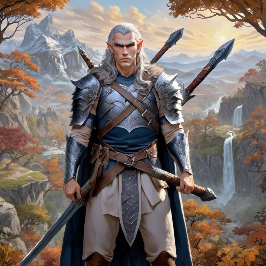 a male elf sorceror warrior, gray hair, axe on back, large sword in hands, wolf mask in hand, pointy ears, armor, clothing, advanced dungeons and dragons, spectacular landscape background, highly detailed, 4k, 8k, (best quality,4k,8k,highres,masterpiece:1.2),ultra-detailed,(realistic,photorealistic,photo-realistic:1.37),HDR,UHD,studio lighting,ultra-fine painting,sharp focus,physically-based rendering,extreme detail description,professional,vivid colors,bokeh,