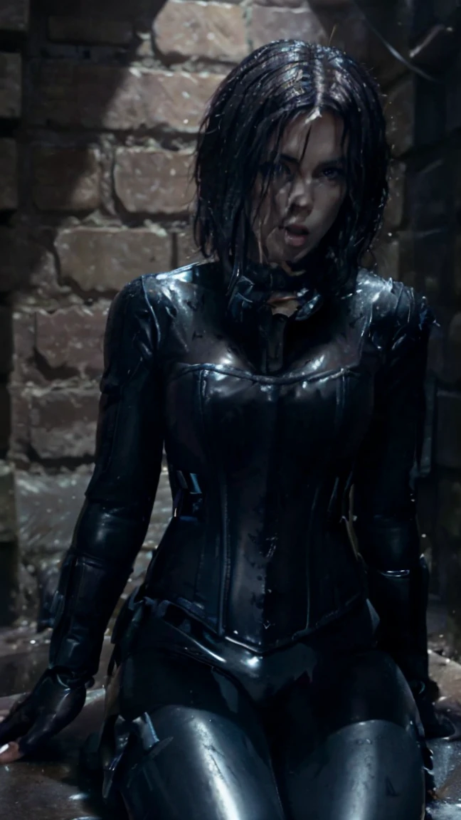 (masterpiece), best quality, expressive eyes, perfect face, underworld death dealer, underworld, Zipper, latex bodysuit, black hair, vampire fang, HD, sitting, leather corset, blue eyes, Kate beckinsale, British, gun, legs, wet, holster, leather boots, selfie, sweating slime, gloves, pink nipples, five fingers 