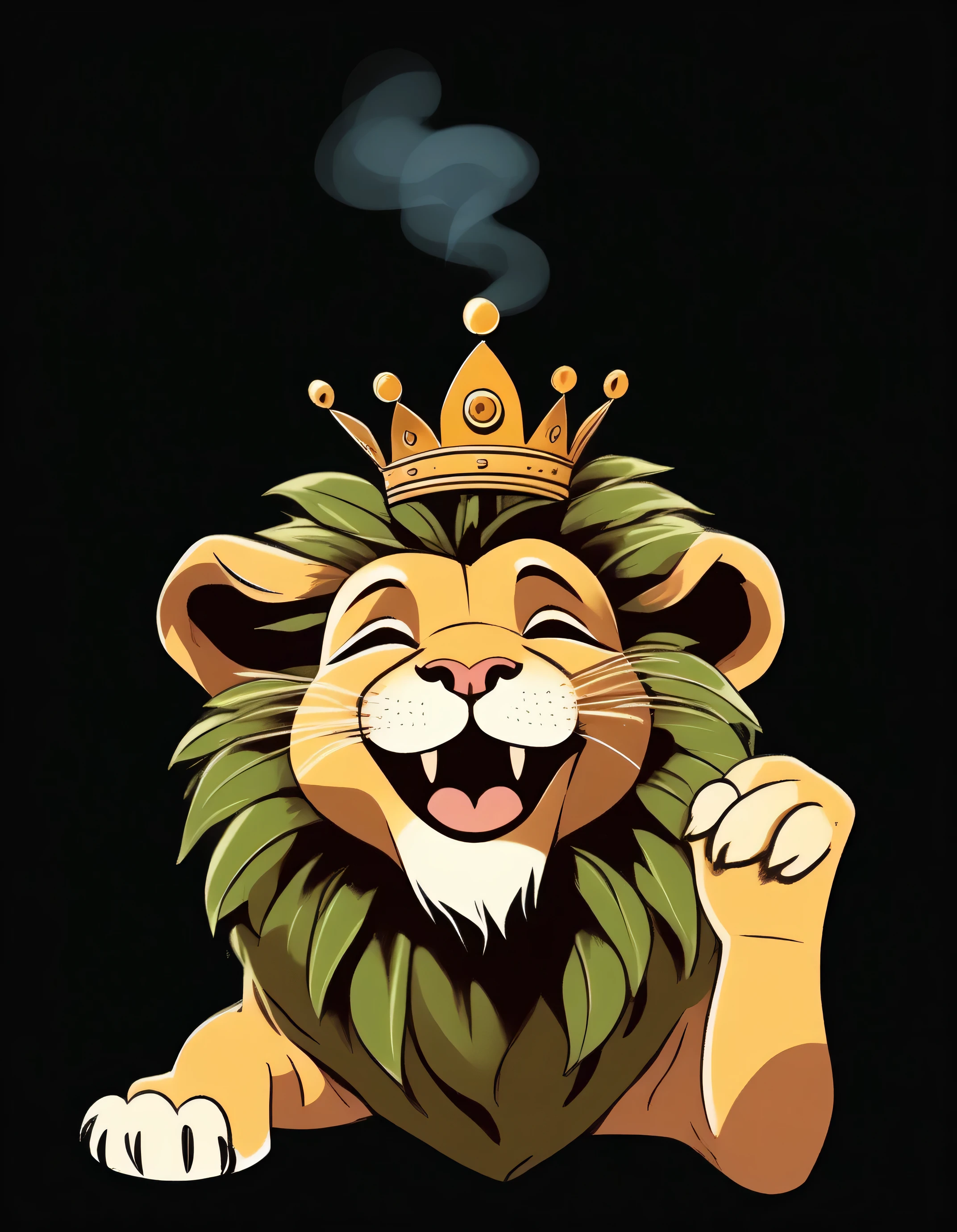 A little lion with a crown on his head alone, smiling smoking marijuana smiling, with his 2 front paws to the sky with a black background