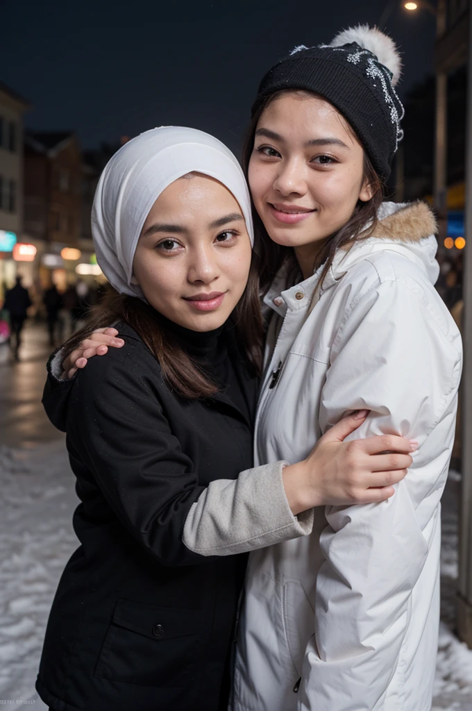 Gaenerate IMG, ((8K, RAW Photos, Photography, Photorealistic, Highest Quality, Intricate Details)), Medium shot, 25 year old Asian man face (light white skin, smooth, slim,Ideal body, fit body, medium hair, skullcap black Muslim , wearing a brown winter jacket), hugging a beautiful 25 year old Indonesian woman (in white hijab, white ice winter jacket), they smile facing the camera, standing in the urban city night, 800mm lens, realistic, black muslim skullcap, hyperrealistic