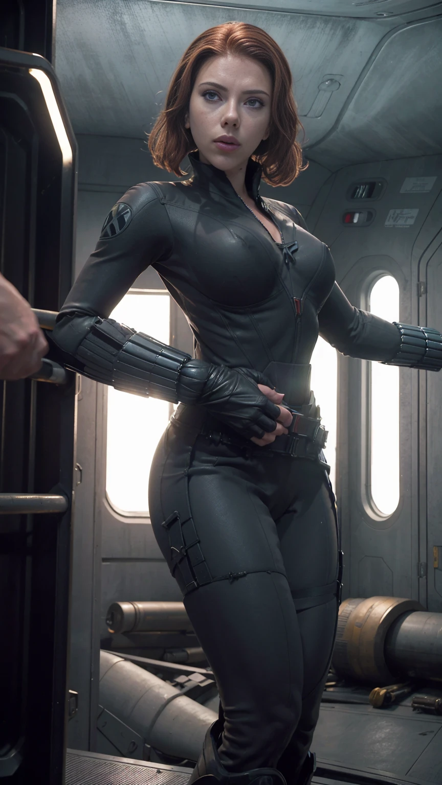 ((best quality)), ((masterpiece)), ((Scarlett Johansson)) (detailed), perfect face, perfect body, playful 30 year old woman, Sensual pose. Inside a spaceship, wearing highly detailed futuristic sexy skimpy mass effect armor, semi nude, huge , huge butt, half naked, topless, sexy look.