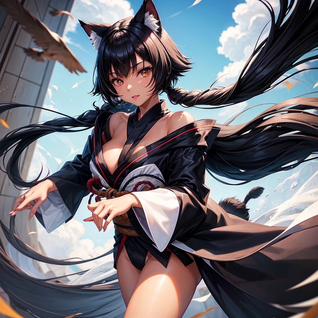 One mature woman, tanned skin, black cat ear, black cat tail, black bob hair, black eyes!!!, white sexy kimono. (Flying on sky) (better quality)