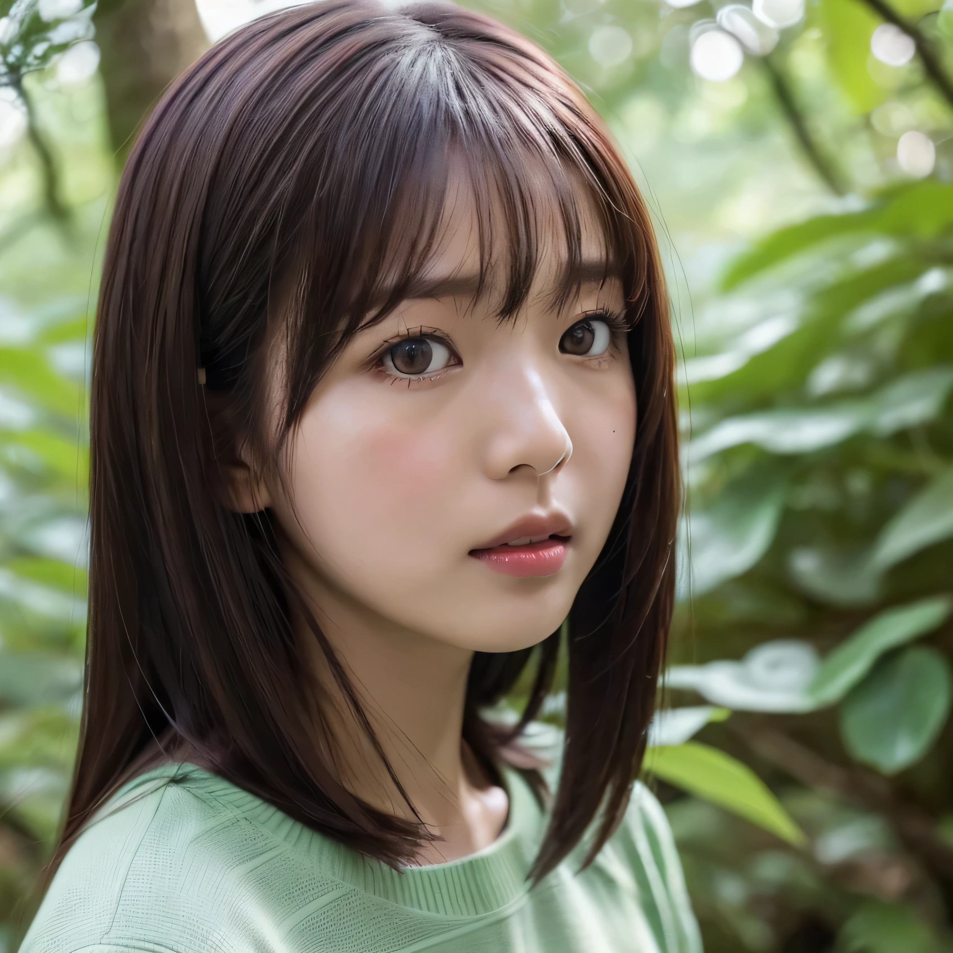 (((hd closeup photo))),one standing Aimi Rin looking at camera,25 years old, (((Aimi Rin))),in forest