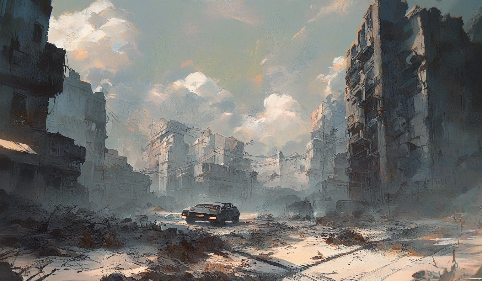 (Increase Contrast),Breathtaking graphics from the Attack on Titan universe, shooting various epic empty tracks for racing along rocky abandoned industrial post-apocalyptic roads on small cars from Mad Max against the backdrop of abandoned buildings and rocky terrain near industrial enterprises, creating an impression, that orcs live in this place, breathtaking scenery, and impressive lighting effects, that create impressive visual experiences, cars eat very far, (((route through abandoned orc caves))), (orc huts) , Skull in the foreground , ((fallen building))