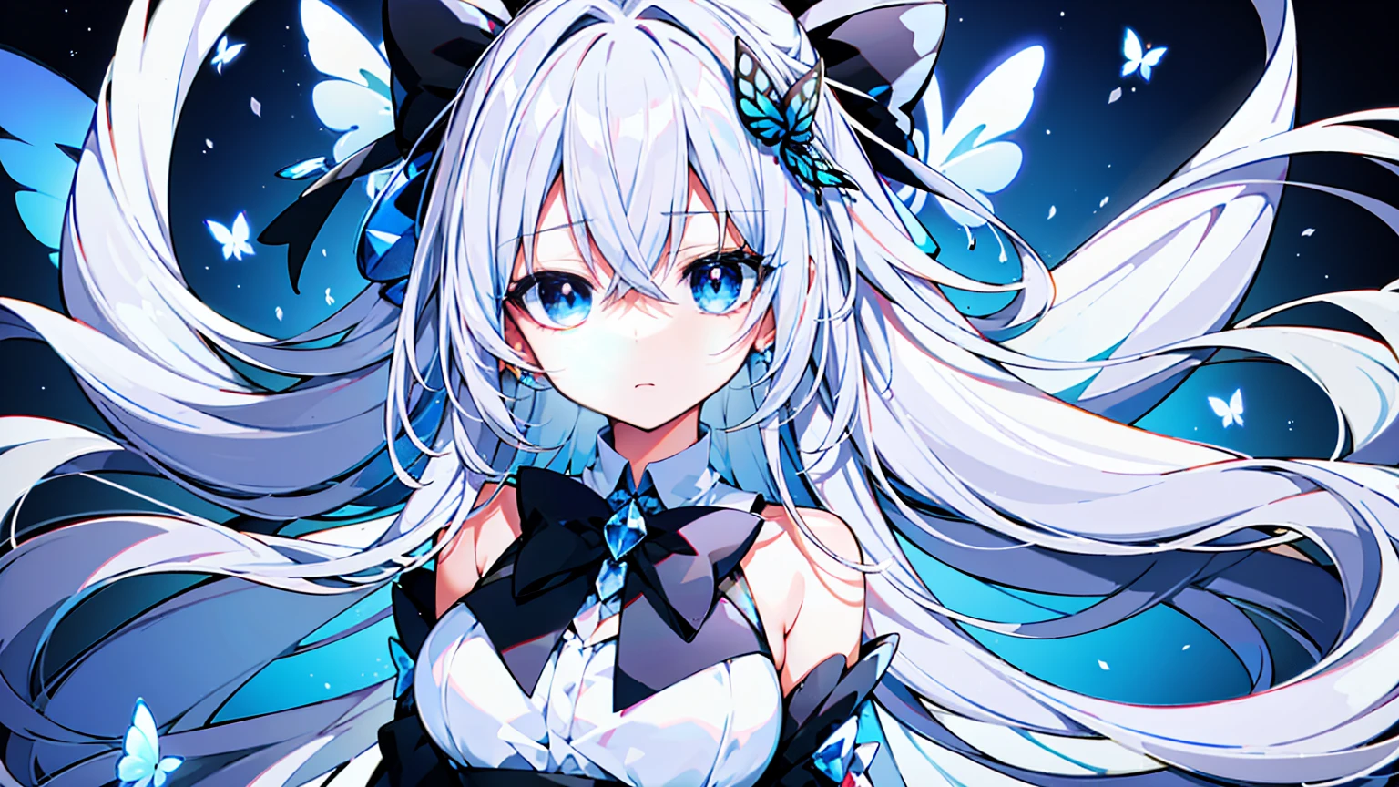 The image depicts a character in an anime or manga style. The character is a young girl with long, silver hair that has black tips. She has a single, expressive eye with reddish-brown pupils. Her attire consists of a dark dress adorned with light-colored bows and frills, including a butterfly-shaped bow near her collar. The background is abstract, featuring shades of blue and white, resembling a dreamlike sky. There are geometric shapes resembling crystals or gems, as well as petals, crescent moons, and butterflies floating around the character. The overall atmosphere of the image is one of gentle fantasy and wonder.