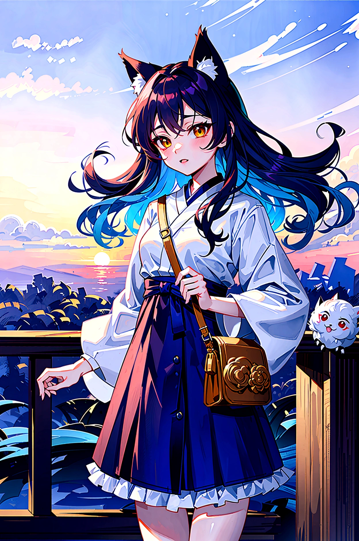 fox Light blue hair 　beast girl　indigo fur　fox beast girl　Sesshomaru, Yellow eyes, Anime, Perfect face, Perfect Lighting, Outdoors, Warm colors, Dark purple sky, Autumn sunset,  \(inuyasha\), Bearing Claw, Ready to fight