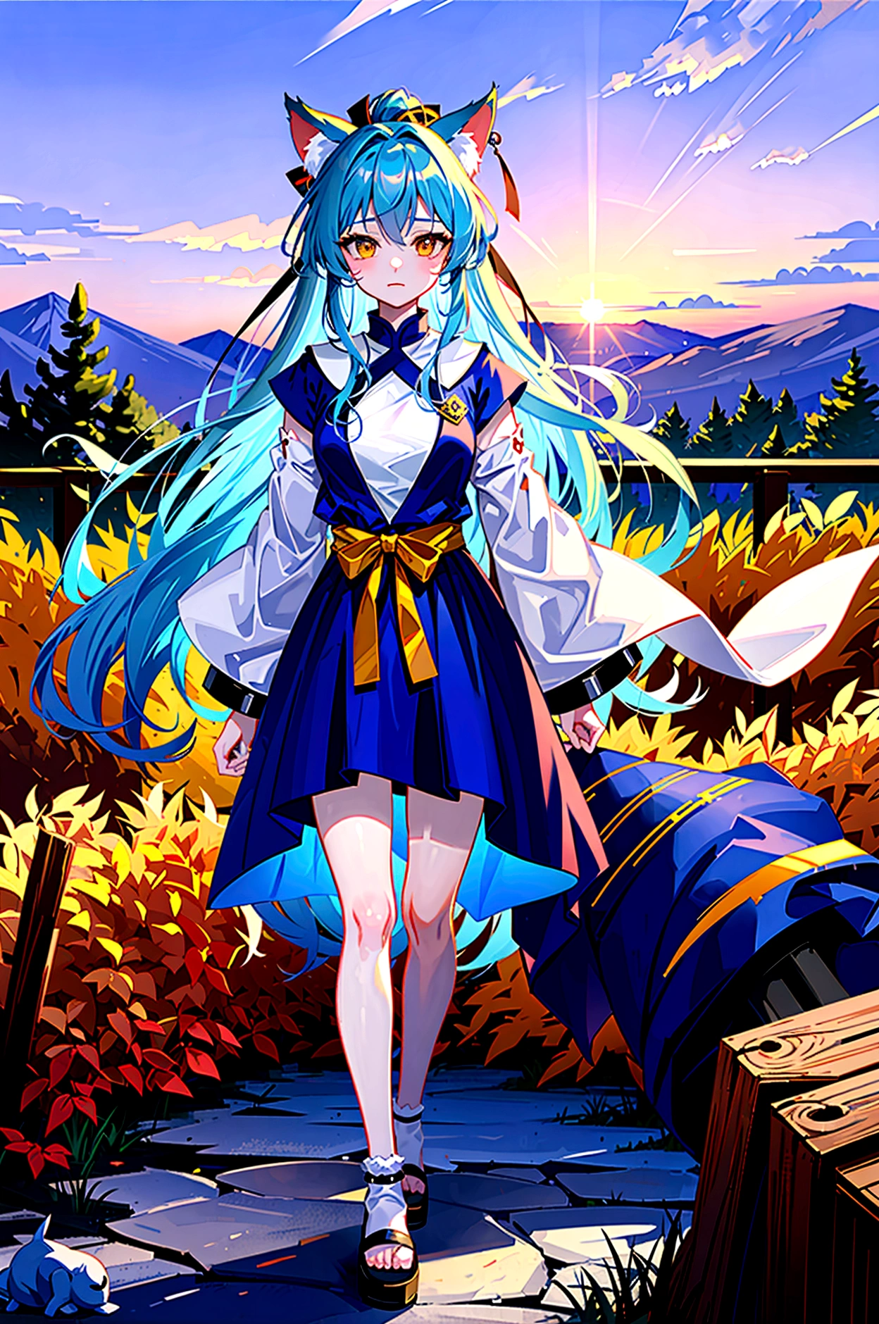 fox Light blue hair beast girl indigo fur fox beast girl Sesshomaru, Yellow eyes, Anime, Perfect face, Perfect Lighting, Outdoors, Warm colors, Dark purple sky, Autumn sunset, \(inuyasha\), Bearing Claw, Ready to fight