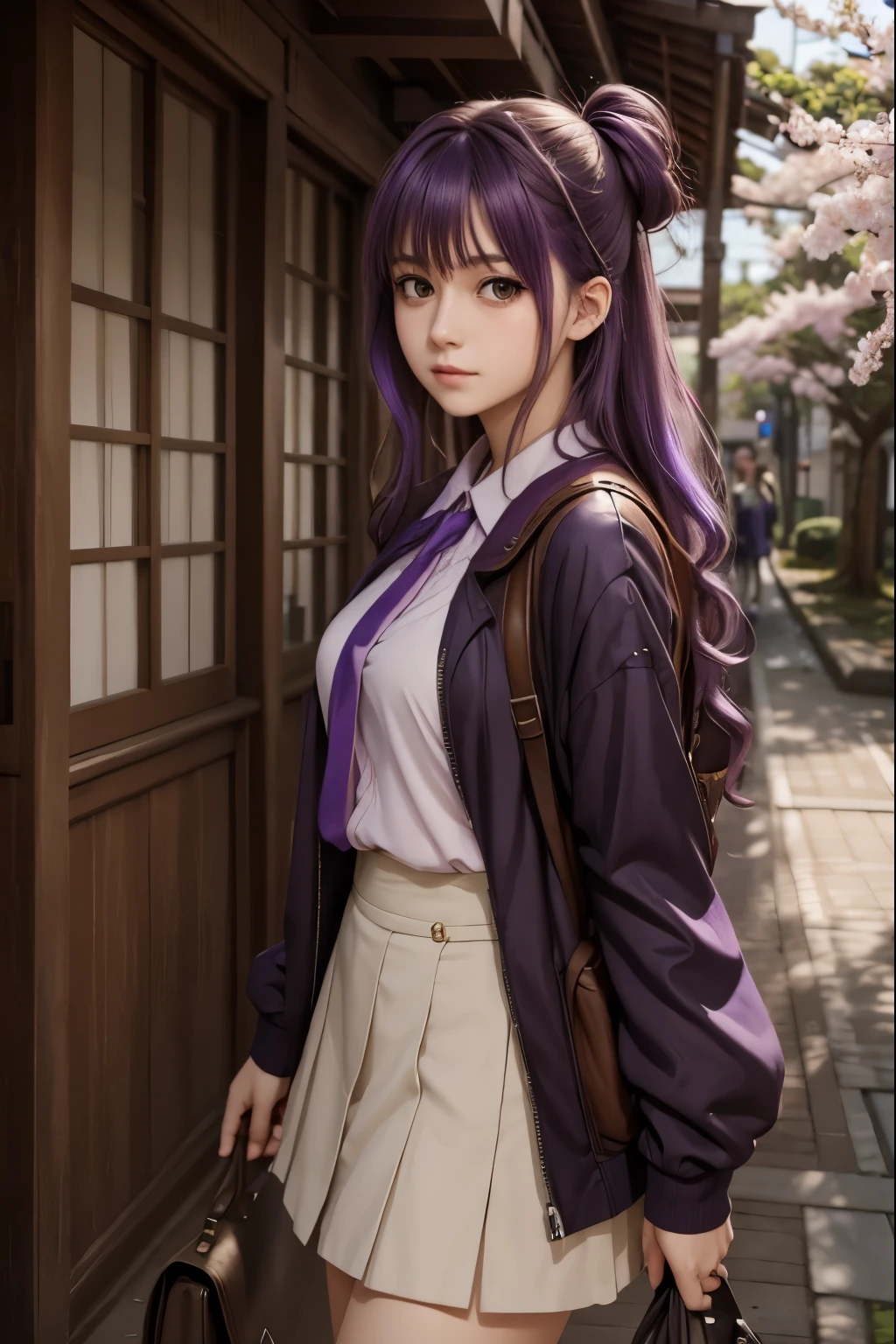 high res, masterpiece,Sakura Matou,fate, purple hair, solo, 1girl,outside,deatailed background, detailed eyes,