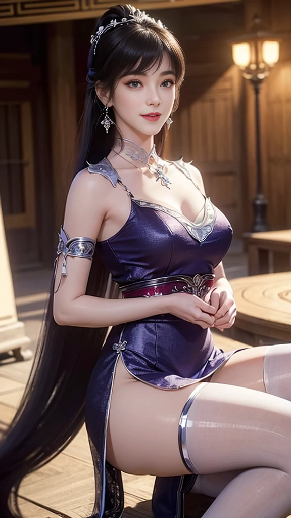 8K, masterpiece, RAW photos, best quality, Reality, extremely detailed CG unity 8K wallpaper, Depth of Field, light, lens flare, Ray Tracing, (Extremely beautiful face, Beautiful lips, beautiful eyes), Complex facial details, ((Ultra-delicate skin)) , Beautiful Asian girl, ((Looking at the audience)),(big Smile), (Blurred background), midnight, (pretty girl), earrings, bracelet, necklace, Clear eyes, (Pale skin), Facing forward, (big eyes), (Looking at the audience), Large Breasts ,((Smile)), blue eyes, Shiny Dress, Open your heart, balcony, Very slim, (Medium buttocks), Open your heart Ancient Chinese architecture，Chinese style beauty，Wear revealing Hanfu，Simple clothes， Simple style，Chinese and American mixed race，Background blur，focus，light， Seven Figures，(((tmasterpiece))), ((Best quality)), ((Complex and meticulous)), ((Surrealism)), Ridiculous resolution, , Mature woman, transparent, Very detailed, Implications, 1 Girl, (Medium breasts), Thin waist and thick hips，Long Law，Beautiful and delicate eyes, Short and delicate hair, Dark brown hair, Purple Eyes, black，lacy clothing，Hip-covering skirt，Tights，Vaguely visible，Cool clothes，Perfect body proportions，（No underwear），Detailed background, Perfect eyes,，Looking at the audience，From the front，Wear lightly，Juicy legs，Deep V，