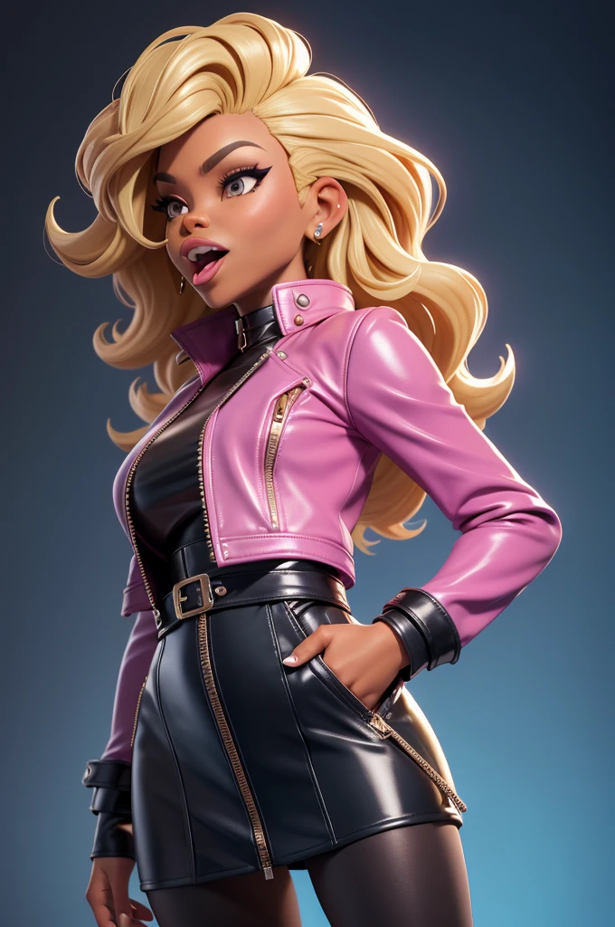 obra prima, melhor qualidade, ((only one woman,)) ((sunny hostin, dark skin, blonde afro mullet hair, open mouth,)) head back, (sassy wicked sultry sneer, big teeth smile,) open mouth, pucker mouth, sunglasses, thick smoky black eye shadow, long fake eyelashes, sticking tongue out, ((magenta leather jacket with puff shoulder,)) biker jacket has stiff collar, leather blouse, ((gold silver leather sweater dress, metallic leather sun dress, leather culottes,)) periwinkle blazer length leather coat, ((cerulean blue pvc skirt, pockets, zipper side,)) studs zippers snaps, shiny leather gloves, nip slip, body is skinny, shiny tight buttocks, arched back, camera view of whole body, looking up at me, shallow depth of field, highres, HD, 8k, anatomically correct