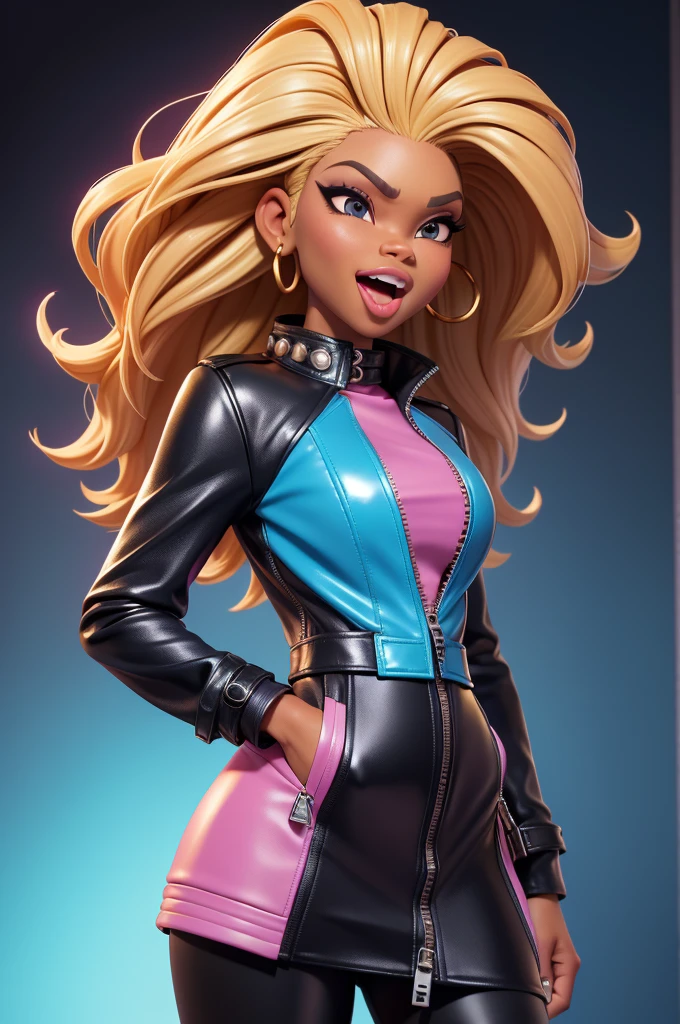 obra prima, melhor qualidade, ((only one woman,)) ((sunny hostin, dark skin, blonde afro mullet hair, open mouth,)) head back, (sassy wicked sultry sneer, big teeth smile,) open mouth, pucker mouth, sunglasses, thick smoky black eye shadow, long fake eyelashes, sticking tongue out, ((magenta leather jacket with shoulder,)) biker jacket has stiff collar, leather blouse, ((gold silver leather sweater dress, metallic leather sun dress, leather culo,)) periwinkle blazer length leather coat, ((cerulean blue pvc skirt, pockets, zipper side,)) studs zippers snaps, shiny leather gloves, nip slip, body is skinny, shiny tight buttocks back, camera view of whole body, looking up at me, shallow depth of field, highres, HD, 8k, anatomically correct