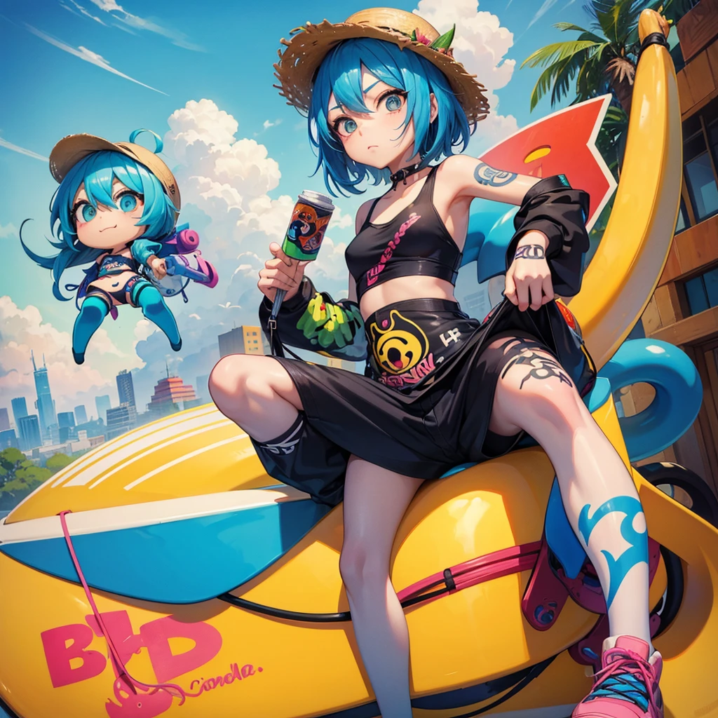 "girl similar to gorillaz noodles, ((drawing)), ((anime girl nose)) a drawing of a woman sitting on a banana, by Noe Canjura, pixiv, process art, graffiti art style, chibi style, great photo from pinterest, ultra humorous illustration, beeple and jeremiah ketner, gogo dancer, exotic watercolor art, tattoo drawing, with straw hat, unknown artist, leeloo, creative and cool, drawing