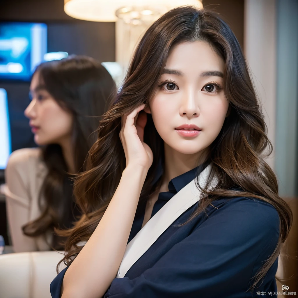 {2.5D art style} Han Julie is a young Korean woman in her 30s. Her hair is long and wavy in a dark colors.
Her face is oval and marked by her large brown eyes, which carry a cold, unexpressive face. Her skin is radiant and clear, presenting an impeccable state of health and her curved lips.
Her height is medium, her body athletic and defined, with the most charming and provocative. It contrasts and matches their personalities.
She is in her office at the company in the night lights wearing a navy jeans and black shirt.