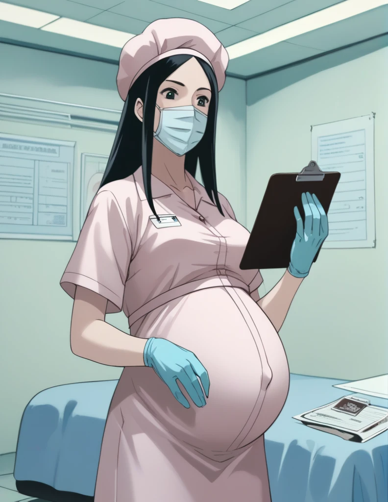 score_9, score_8_up, score_7_up, source_anime, kasuganoray, pale skin, long hair, scrubs, surgical mask, bouffant cap, not official card,
1girl, pregnant, solo, rubber gloves, clipboard, looking down, furrowed brow, privacy screen, hospital bed, standing