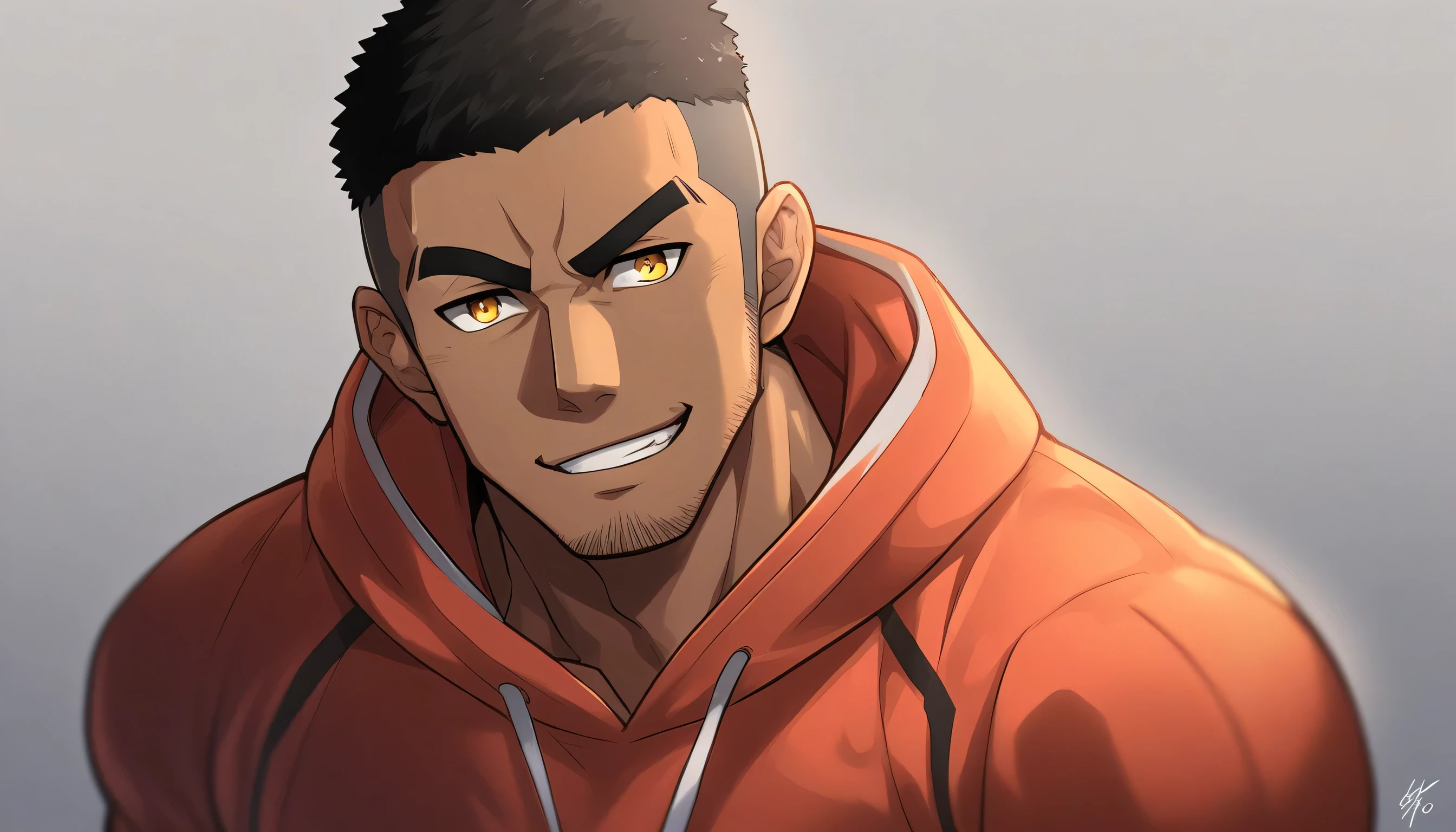 anime characters:Gyee, Young Muscle Sports Teacher, negro black skin, Buzz Cut, Manliness, male focus, Dark red long-sleeved hooded sweatshirt, Very tight, muscular male, muscular, only, Upper body, alone, Black short hair, Thick eyebrows, stubble, Yellow eyes, Grey background, simple background, amazing quality, best aesthetics, Ridiculous, bright pupils, crew cut, parted lips, seductive smile, torogao, naughty face, best quality