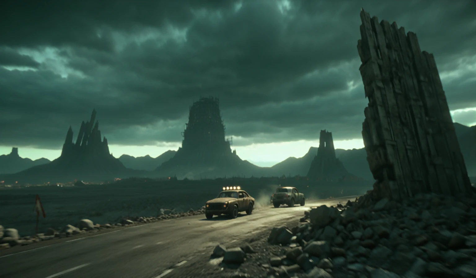 (Increase Contrast),Breathtaking graphics from the Attack on Titan universe, shooting various epic empty tracks for racing along rocky abandoned industrial post-apocalyptic roads on small cars from Mad Max against the backdrop of abandoned buildings and rocky terrain near industrial enterprises, creating an impression, that orcs live in this place, breathtaking scenery, and impressive lighting effects, that create impressive visual experiences, cars eat very far, (((route through abandoned orc caves))), (orc huts) , Skull in the foreground , ((fallen building))