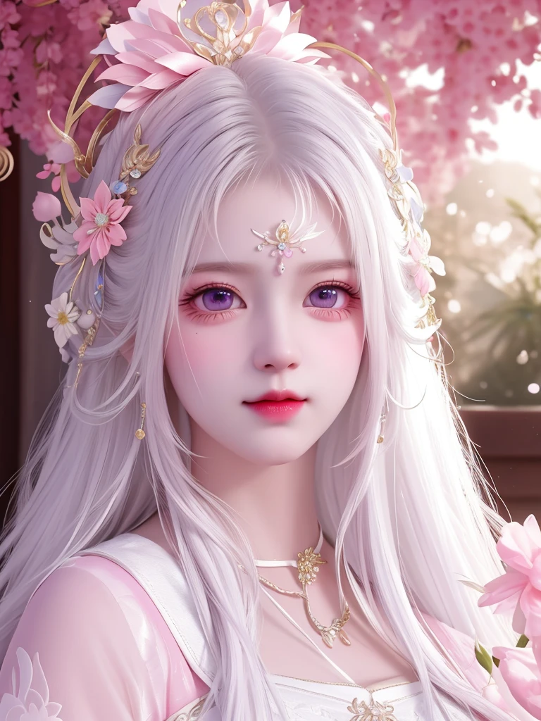 best quality, masterpiece, High target, There is a girl with a basket of flowers on her head, beautiful clothes, Hair Decorationss, necklace, Decorations, Pretty Face, When the body, Tyndall effect, Realistic Portraits, Edge lighting, Two-color light, (Very delicate skin:1.2), 8K uhd, Digital SLR Camera, Soft Light, high quality, Volumetric Lighting, Honest, photo, high resolution, 4K, 8K, Bokeh, Pure white hair，Pink Eyes.