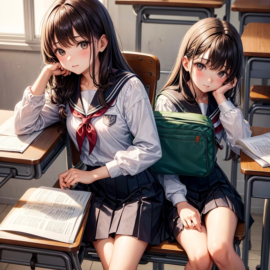 (masterpiece:1.0), illustration,extremely detailed, miseyari,1girl,beautiful eyes,sitting on floor,school uniform,in classroom,face focus,(looking at penis),1boy,feceless male,hetero,precum,