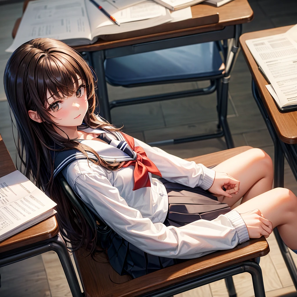 ((masterpiece, best quality)),best aesthetic,1girl, , desk, sitting, school desk, brown hair, classroom, long hair, indoors, chair, looking at viewer, :p, solo focus, brown eyes, skirt, long sleeves, pencil, 1 boy, pencil case, paper, black serafuku, multiple girls, pleated skirt, sailor collar, bangs, headrest, school bag, school chair