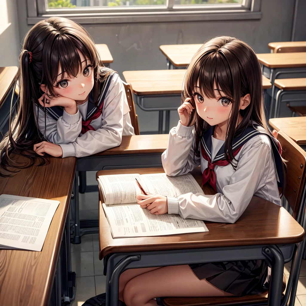 ((masterpiece, best quality)),best aesthetic,1girl, , desk, sitting, school desk, brown hair, classroom, long hair, indoors, chair, looking at viewer, :p, solo focus, brown eyes, skirt, long sleeves, pencil, 1 boy, pencil case, paper, black serafuku, multiple girls, pleated skirt, sailor collar, bangs, headrest, school bag, school chair