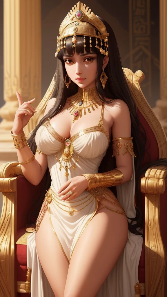 Create a highly detailed and realistic image of Cleopatra, the famous queen of ancient Egypt. She should have strikingly beautiful features, with almond-shaped eyes lined with dark kohl, a straight nose, and full lips. Her hair should be dark and styled in a traditional Egyptian fashion, with bangs and adorned with gold and jeweled ornaments. Cleopatra should be wearing a royal headdress, possibly a nemes or a diadem, and elaborate gold jewelry, including earrings, necklaces, and arm cuffs. Her clothing should be luxurious, featuring a flowing white linen dress with gold accents. The background should evoke the grandeur of ancient Egypt, with elements such as hieroglyphics, columns, or a throne room. The lighting should enhance her regal presence, with a warm, golden hue.