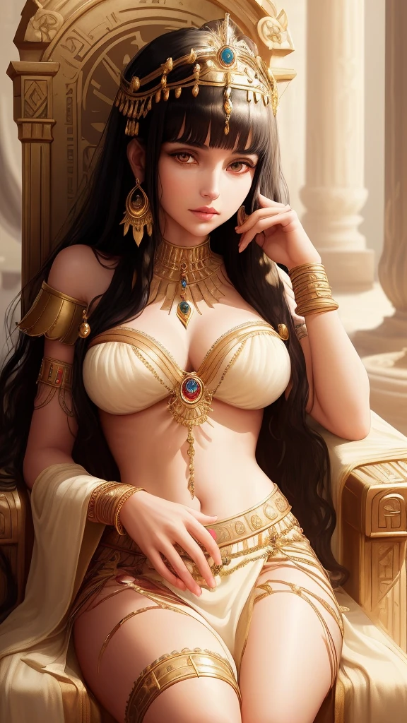Create a highly detailed and realistic image of Cleopatra, the famous queen of ancient Egypt. She should have strikingly beautiful features, with almond-shaped eyes lined with dark kohl, a straight nose, and full lips. Her hair should be dark and styled in a traditional Egyptian fashion, with bangs and adorned with gold and jeweled ornaments. Cleopatra should be wearing a royal headdress, possibly a nemes or a diadem, and elaborate gold jewelry, including earrings, necklaces, and arm cuffs. Her clothing should be luxurious, featuring a flowing white linen dress with gold accents. The background should evoke the grandeur of ancient Egypt, with elements such as hieroglyphics, columns, or a throne room. The lighting should enhance her regal presence, with a warm, golden hue.