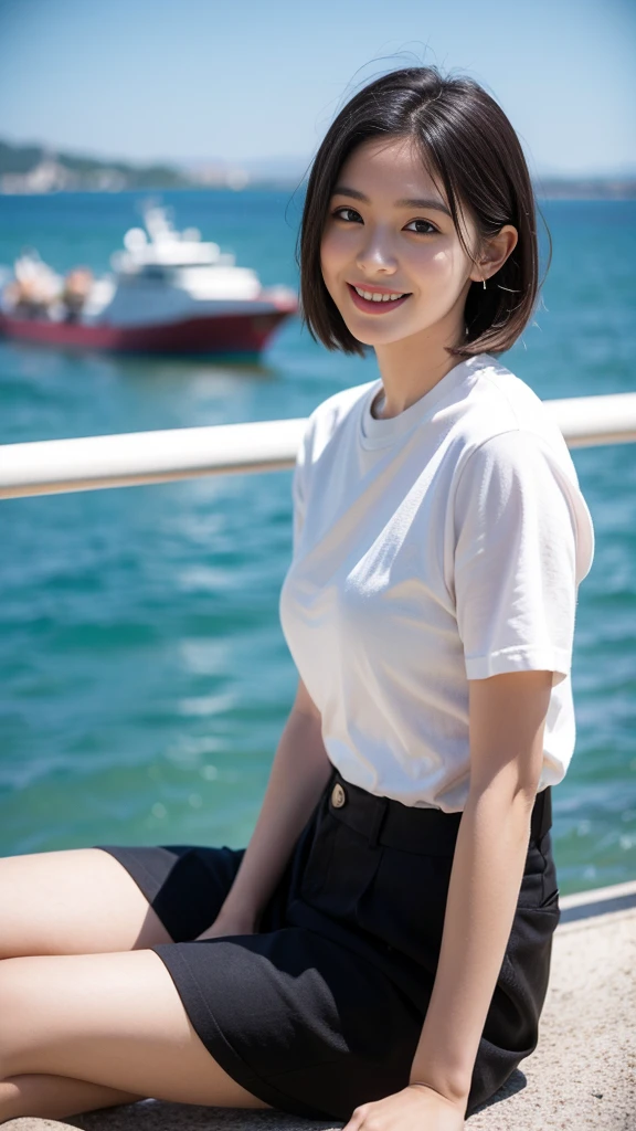 ((Highest quality、8K、High resolution、High resolution、masterpiece:1.3))、One Woman、26 year old Japanese woman、Short sleeve blouse and skirt with slit、Look at me with a smile、nice smile、(Kodak Portra 800 Film SMC Takumar 35mm F/ 2. 8 50 sec:1.1)、(RAW Photos、Photos like the real thing:1.2)、Clear photos、High-definition photos、Direct your gaze this way、Detailed face、Short Hair、A ruddy complexion、Just the right color balance、In a park with a view of the sea、The port and large ships are visible in the background.