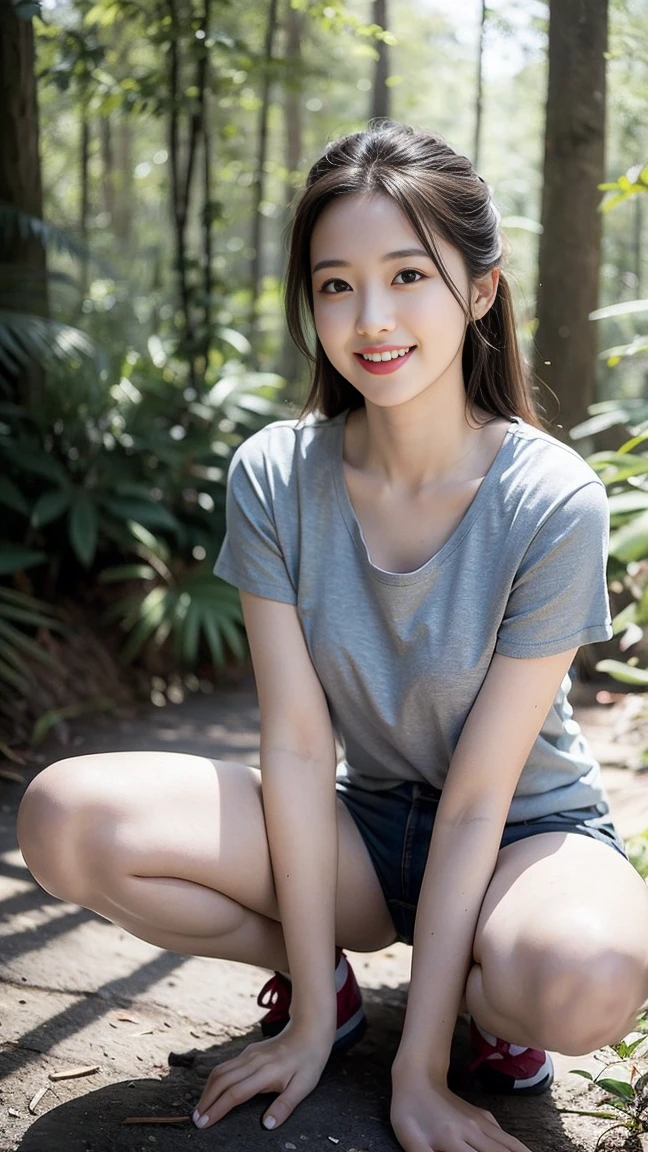 masterpiece, best quality, Surreal, Ultra Detailed, 8k resolution, RAW photos, Clear focus, (A girl in the forest), ((light gray shirt:1.1)), Short sleeve, sports Shorts,Full body posture, Solitary, Perfect body, Become a, 32 inches in the chest,(a charming smile:1), (sexy pose),26 years old, light,White shoes