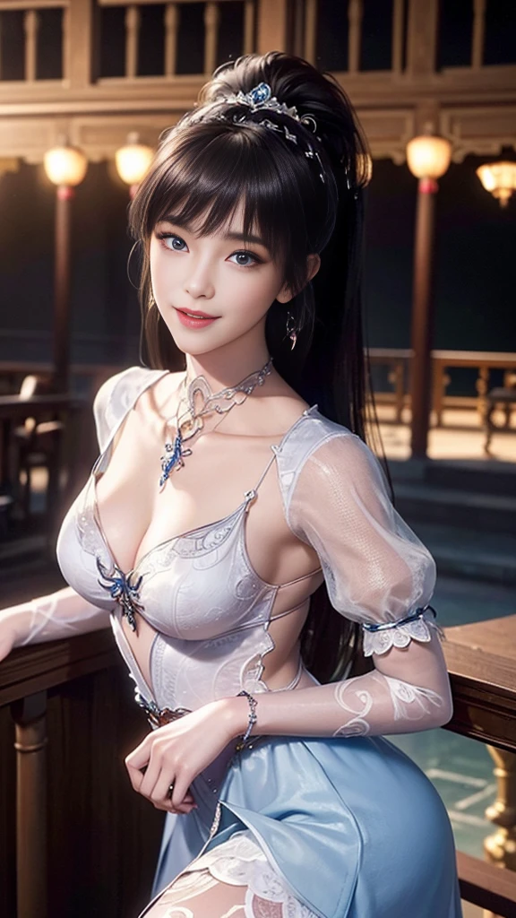 8K, masterpiece, RAW photos, best quality, Reality, extremely detailed CG unity 8K wallpaper, Depth of Field, light, lens flare, Ray Tracing, (Extremely beautiful face, Beautiful lips, beautiful eyes), Complex facial details, ((Ultra-delicate skin)) , Beautiful Asian girl, ((Looking at the audience)),(big Smile), (Blurred background), midnight, (pretty girl), earrings, bracelet, necklace, Clear eyes, (Pale skin), Facing forward, (big eyes), (Looking at the audience), Large Breasts ,((Smile)), blue eyes, Shiny Dress, Open your heart, balcony, Very slim, (Medium buttocks), Open your heart Ancient Chinese architecture，Chinese style beauty，Wear revealing Hanfu，Simple clothes， Simple style，Chinese and American mixed race，Background blur，focus，light， Seven Figures，(((tmasterpiece))), ((Best quality)), ((Complex and meticulous)), ((Surrealism)), Ridiculous resolution, , Mature woman, transparent, Very detailed, Implications, 1 Girl, (Medium breasts), Thin waist and thick hips，Long Law，Beautiful and delicate eyes, Short and delicate hair, Dark brown hair, Purple Eyes, black，lacy clothing，Hip-covering skirt，Tights，Vaguely visible，Cool clothes，Perfect body proportions，（No underwear），Detailed background, Perfect eyes,，Looking at the audience，From the front，Wear lightly，Juicy legs，Deep V，