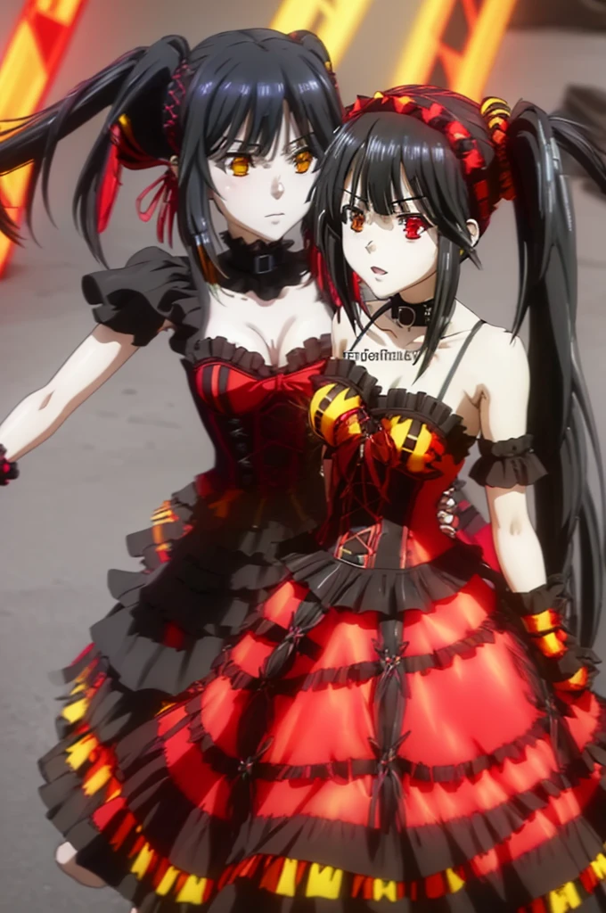 kurumi tokisaki astral dress, (tokisaki kurumi:1.2), long hair, black hair, (red eyes:1.3), (twintails:1.5), (yellow eyes:1.3), hairband, (heterochromia:1.5), dress, (red dress:1.5), bare shoulders, collarbone, choker, bowtie, red bowtie, detached sleeves, corset, frills,