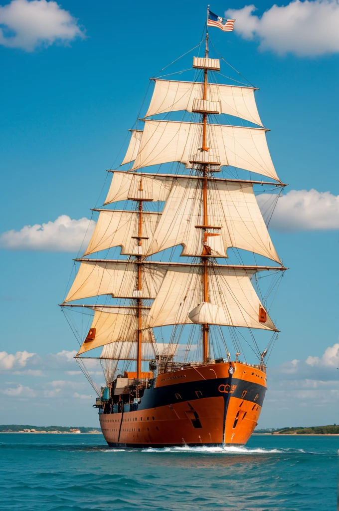 An orange ship with 3 chimneys that have the letter a