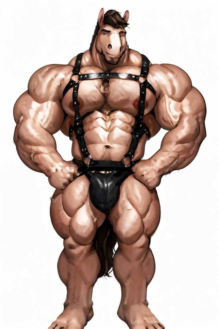 Horse man, exaggeratedly muscular, detailed eyes, prominent and dilated veins, alpha male, huge pecs (huge: 2.5), sensual expression, nicebulge, gayharness, sexy pose, full body, (white background).