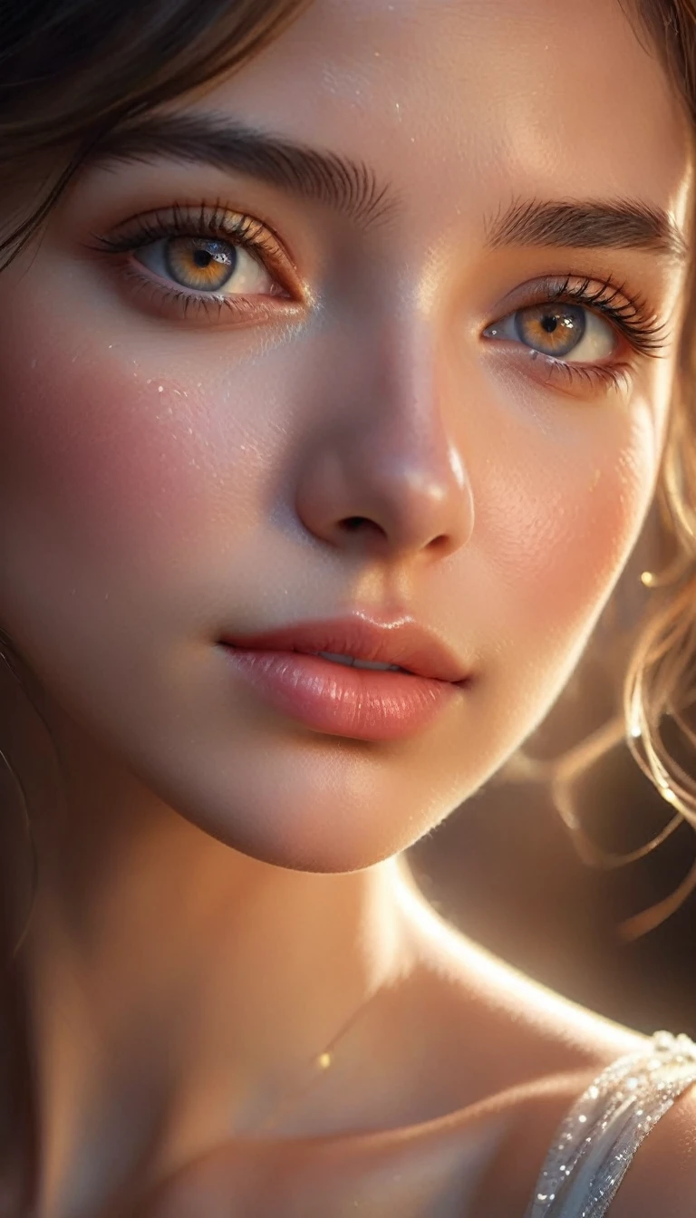 A close-up of a beautiful young woman's face, with a single tear gently rolling down her cheek. Her eyes should be filled with deep emotion, sparkling with unshed tears. Her skin should be smooth and radiant, with detailed textures that enhance the realism. The lighting should be soft and warm, casting a gentle glow that highlights her delicate features and the tear. The background should be softly blurred, keeping the focus entirely on her expressive face. Include subtle details like stray hairs softly framing her face to add to the overall beauty and emotion of the scene.,(masterpiece:1.3),(highest quality:1.4),(ultra detailed:1.5),High resolution,extremely detailed,unity 8k wallpaper,