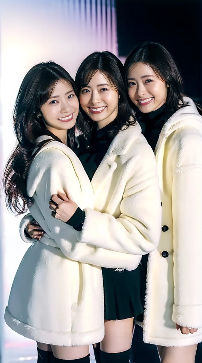 8K, RAW Photos, Full body photo, Realistic: 1.25), (Lip gloss, eyelash, Glossy face, Glowing Skin, Super beautiful sexy Japanese women, 20-year-old, Highest quality, Ultra-high resolution, Depth of written boundary, chromatic aberration, Caustics, Moisturized lips, Ultra Cropped Face, Shining Detail Eyes, Half-up dark brown hair, Snazzy, Same height, White long coat, Thick long coat, Feather long coat, Black knit dress, Black mini skirt, Black long boots, Three girls standing and hugging each other, Big Breasts, Sheer