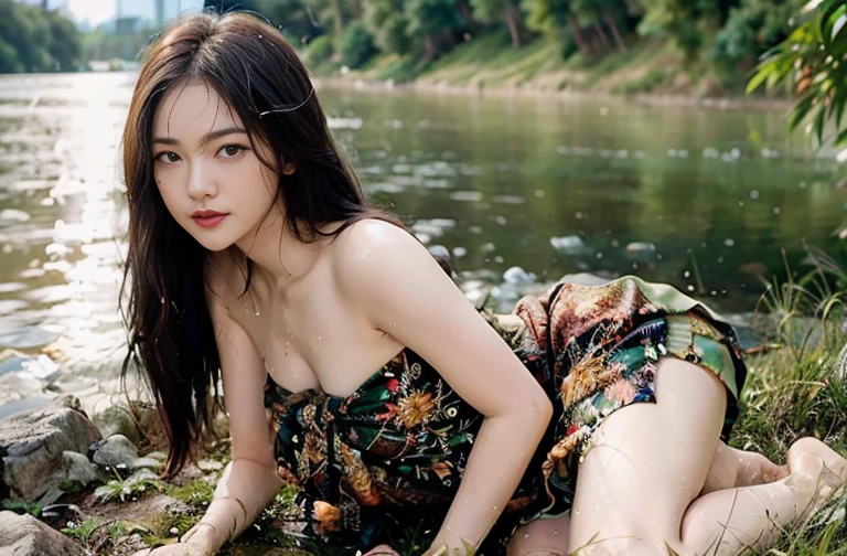 A film still of a girl , highres, , , smiling, beautiful and delicate water, the finest grass, very delicate light, nature, painting, water spray, breeze, flowers and grass meadow, near the water edge, (sunset, starry sky in a circle), randomly distributed clouds, river, splashing water, , falling petals, beautiful armpits, (( perfect anatomy)),, , horror theme, ((wear a patung dress)), messy long hairstyle, sweaty body, smiling, scared face, Prores lense, dark green color grading, cinemascope, ((lying flat pose)), natural light, Dynamic shadows, (()), horror film, high quality, ultra detail, 8k, Panavision DXL2 camera, perfect hands, perfect fingers, attractive & seductive