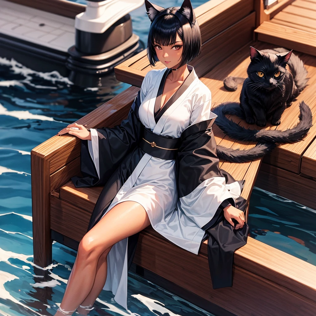 One mature woman, tanned skin, black cat ear, black cat tail, black bob hair, black eyes!!!, white sexy kimono. (sitting on boat) (better quality)