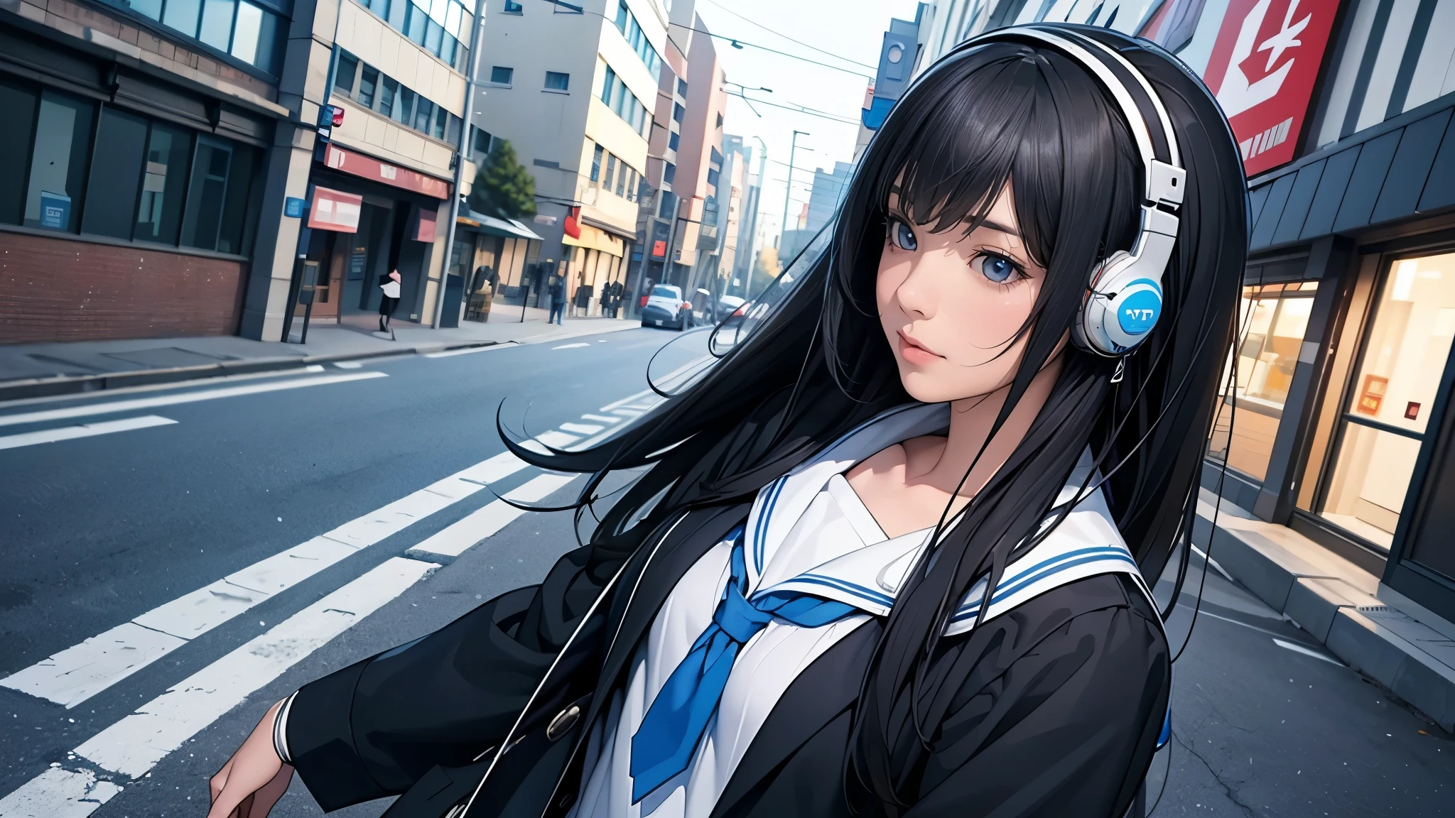 ultra HD、super high quality、masterpiece、detailed、8K、The location is on a quiet city street、Schoolgirl1Person listening to music on headphones、13-year-old junior high school student、The Russian has long black hair.、Has blue eyes、Has a glamorous figure、The clothes she's wearing are one-piece dresses.、Pretty sexy、Nostalgic and relaxing atmosphere、Midnight、Holding an umbrella、Rainy season、downpour、A business district lined with glittering neon buildings,evening、He has his hands on his headphones and his eyes closed、Retrospective color tone、A street with a retro atmosphere、evening、