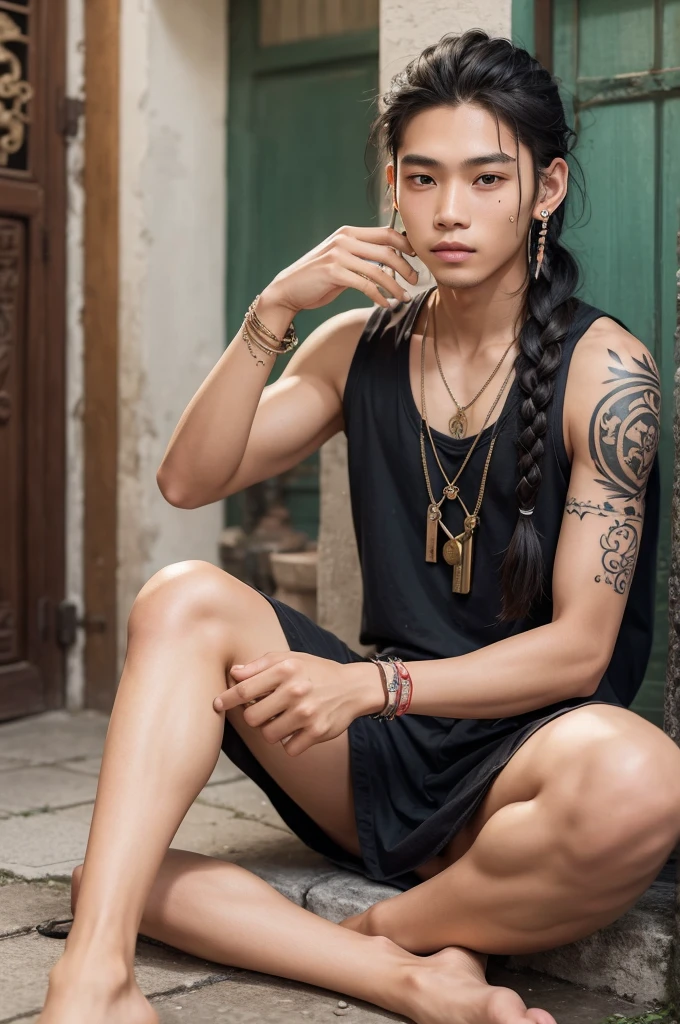 boy 19 years old, THAI, long hair tied with two braids, one line tattoo on face, aretes, padlock necklace, barefoot