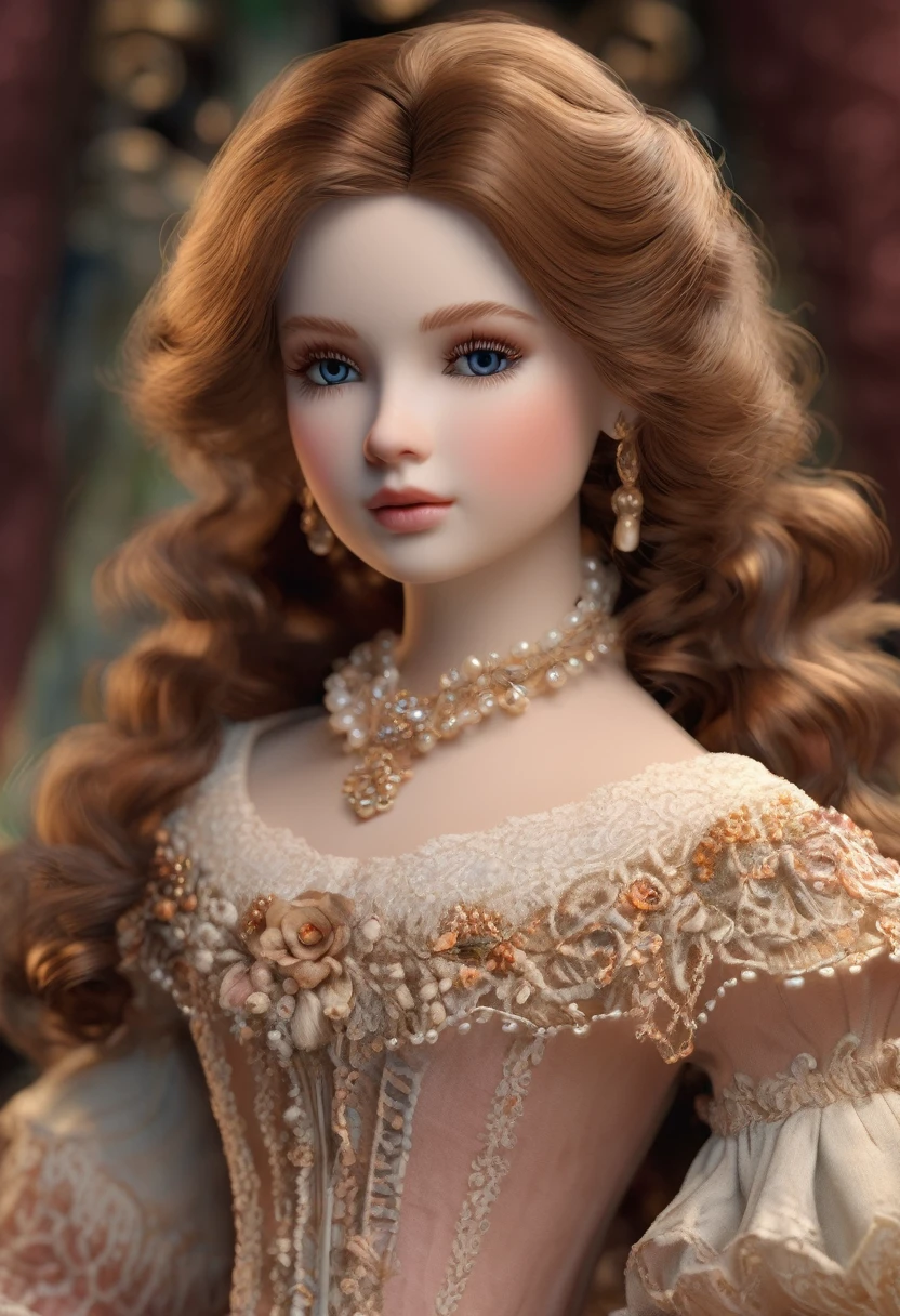 a beautiful porcelain doll, detailed face and expressive eyes, delicate features, long eyelashes, intricate dress, ornate accessories, detailed folds and textures, realistic lighting, warm color palette, classic Victorian style, high quality 3D render, ultra-detailed, photorealistic