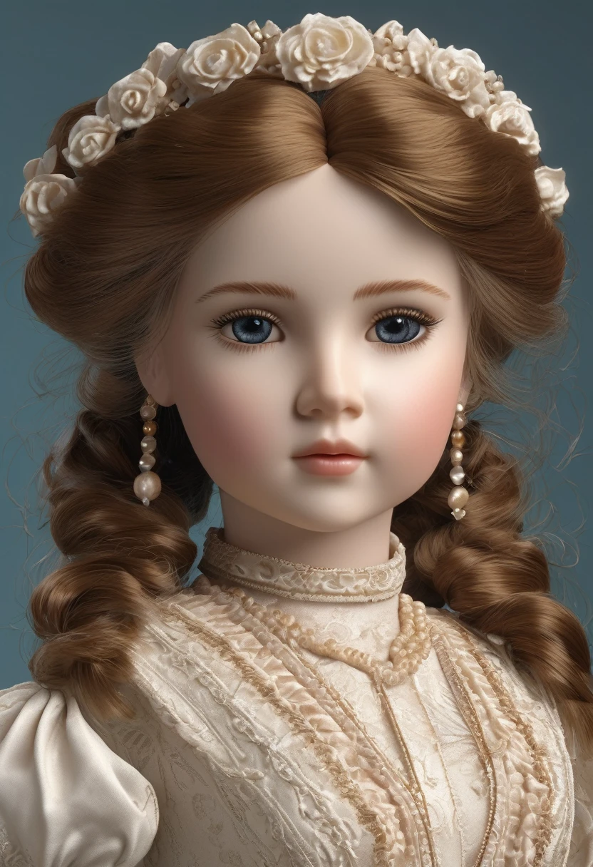 a beautiful porcelain doll, detailed face and expressive eyes, delicate features, long eyelashes, intricate dress, ornate accessories, detailed folds and textures, realistic lighting, warm color palette, classic Victorian style, high quality 3D render, ultra-detailed, photorealistic