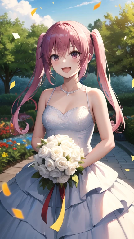 masterpiece, best quality, highres, aanana, long hair, twintails, wedding dress, white dress, garden, holding bouquet, smile, open mouth, confetti,